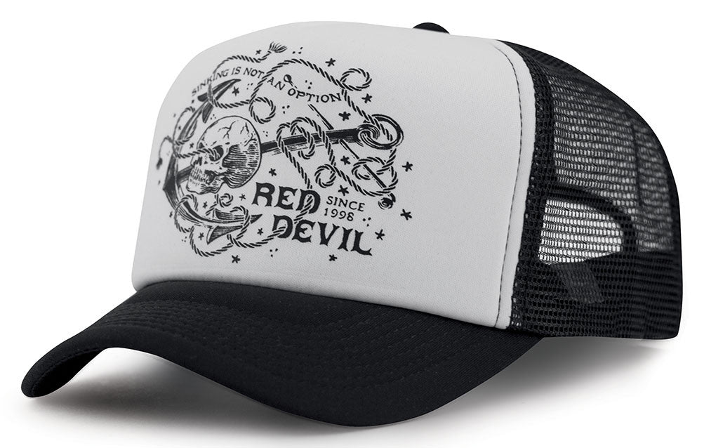 its artistic red devil illustration black white trucker cap